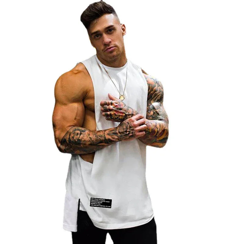 Summer Back Extend Long Cotton Vests Mens Fitness Bodybuilding Tank Tops Gym Workout Loose Open Side Cut Off Sleeveless T-Shirts