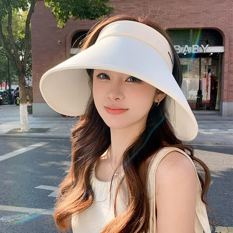 Korean Design Wide Brim Wraparound Empty Top Sun Hat Women's Large UPF 50+ Uv Protection Foldable Beach Cap for Outdoor Activity