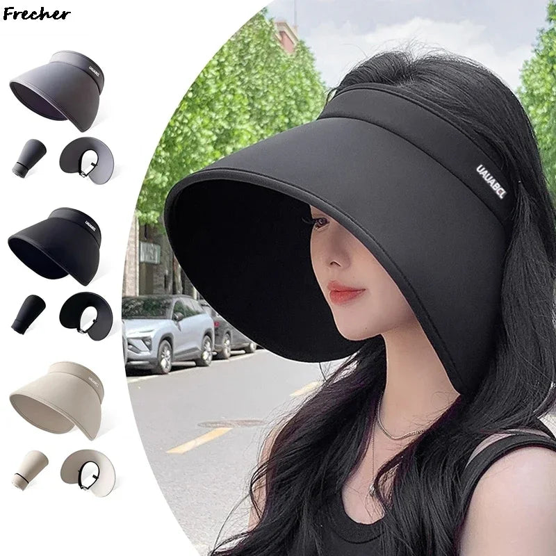 Korean Design Wide Brim Wraparound Empty Top Sun Hat Women's Large UPF 50+ Uv Protection Foldable Beach Cap for Outdoor Activity