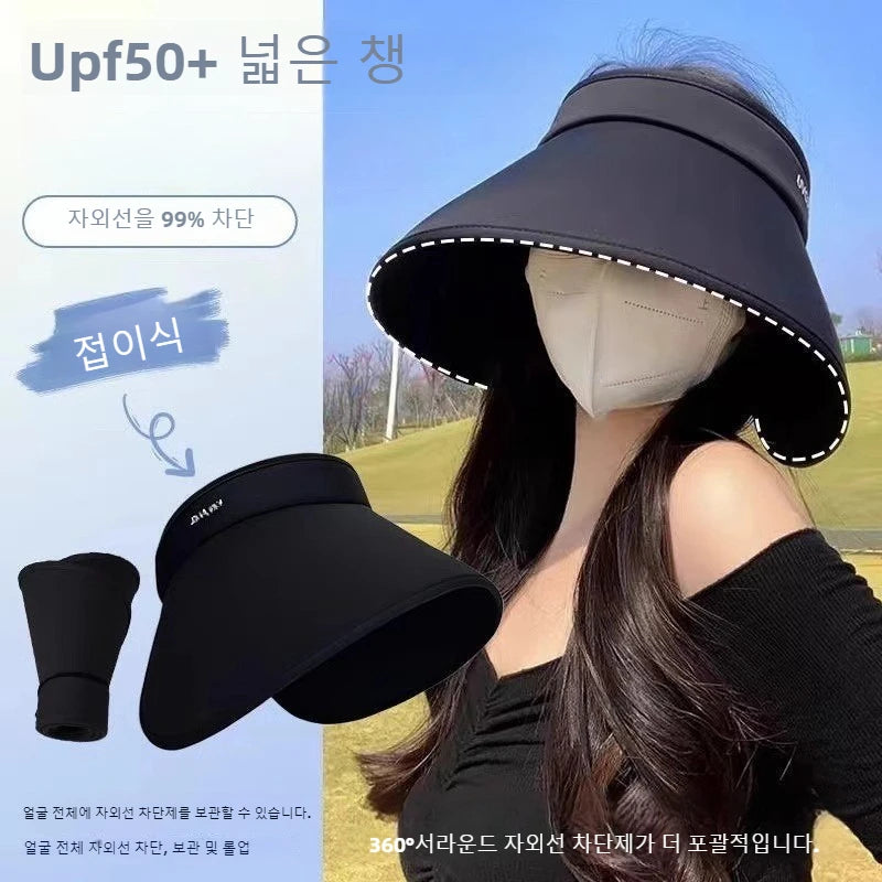 Korean Design Wide Brim Wraparound Empty Top Sun Hat Women's Large UPF 50+ Uv Protection Foldable Beach Cap for Outdoor Activity