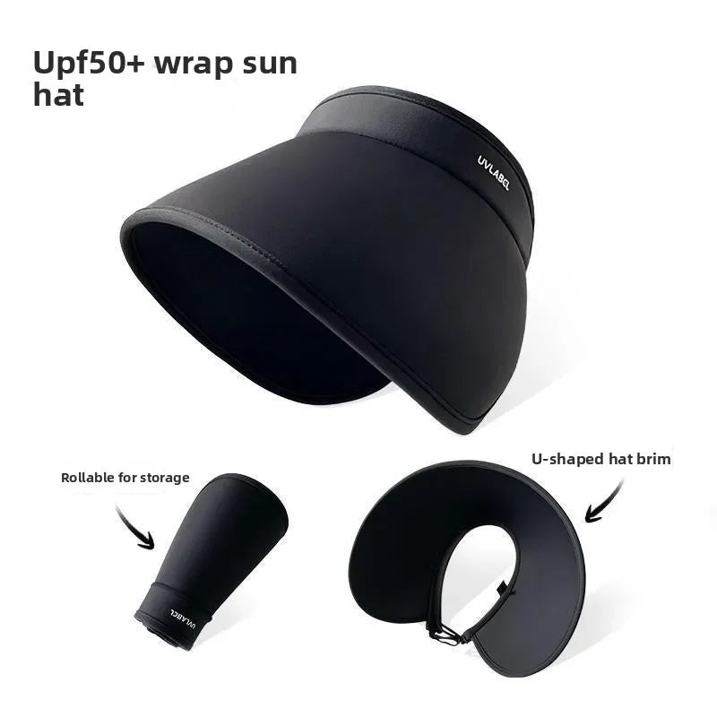 Korean Design Wide Brim Wraparound Empty Top Sun Hat Women's Large UPF 50+ Uv Protection Foldable Beach Cap for Outdoor Activity