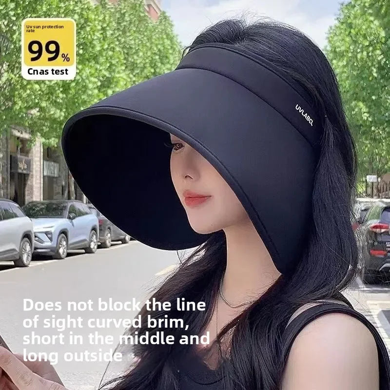 Korean Design Wide Brim Wraparound Empty Top Sun Hat Women's Large UPF 50+ Uv Protection Foldable Beach Cap for Outdoor Activity