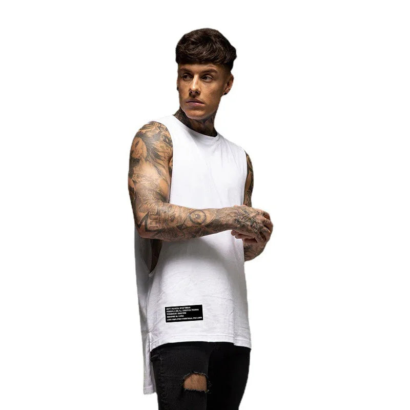 Summer Back Extend Long Cotton Vests Mens Fitness Bodybuilding Tank Tops Gym Workout Loose Open Side Cut Off Sleeveless T-Shirts