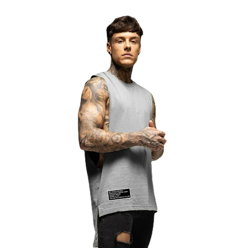 Summer Back Extend Long Cotton Vests Mens Fitness Bodybuilding Tank Tops Gym Workout Loose Open Side Cut Off Sleeveless T-Shirts