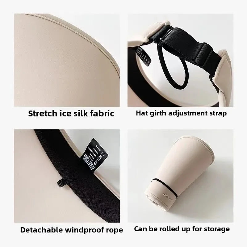 Korean Design Wide Brim Wraparound Empty Top Sun Hat Women's Large UPF 50+ Uv Protection Foldable Beach Cap for Outdoor Activity
